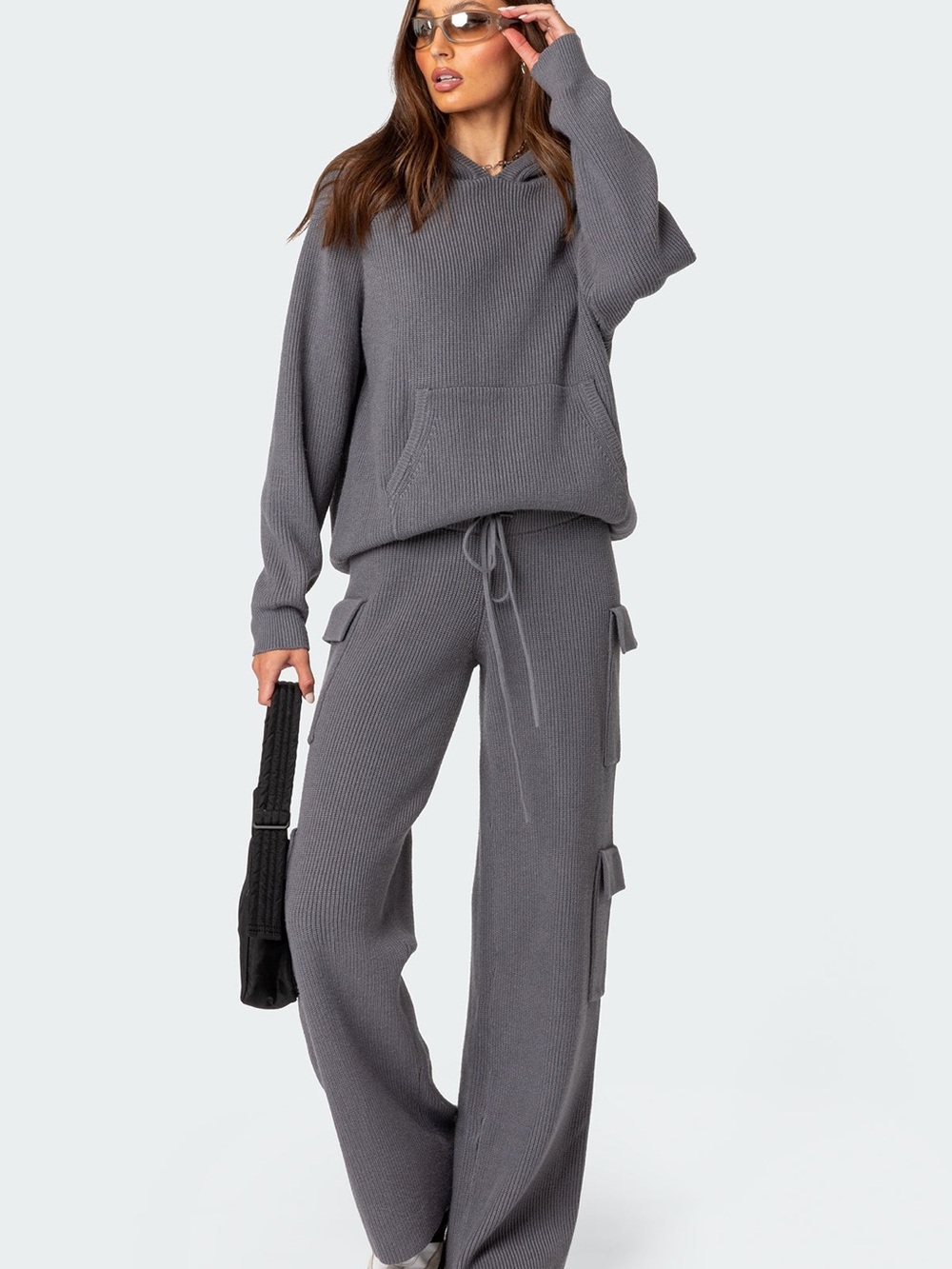 NWOT Sz S Edikted Gray Ribbed Knit High Rise Cargo Sweater Sweatpants Drawstring
